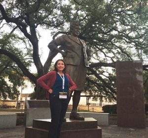 Anaya poses with a statue of Barbara Jordan, which is located on the University of Texas at Austin campus. (Photo provided)