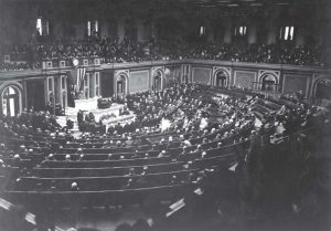 President Woodrow Wilson reads the armistice terms to Congress. The armistice, which was signed Nov. 11, 1918, officially brought World War I to an end. Wilson would later recognize Nov. 11 as Armistice Day in 1919; ultimately, the holiday changed to Veterans Day following World War II. (Shutterstock.com)