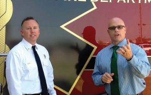 “Broken Arrow in Motion Take 5” is a YouTube series that allows Spurgeon and the city of Broken Arrow to connect with citizens and promote transparency. From left are Fire Chief Jeremy Moore and Spurgeon. (Photo provided)