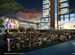 A night shot of the north side of the building and Chauncey Swan Park in front of the building. “We are building the park as shown once the construction equipment is removed, and part of our development agreement with the city allows us to show outdoor movies, which you see in (the rendering),” explained Moen. (Rendering provided by Rohrbach Associates PC Architects)