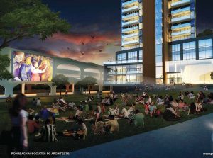 A night shot of the north side of the building and Chauncey Swan Park in front of the building. “We are building the park as shown once the construction equipment is removed, and part of our development agreement with the city allows us to show outdoor movies, which you see in (the rendering),” explained Moen. (Rendering provided by Rohrbach Associates PC Architects)