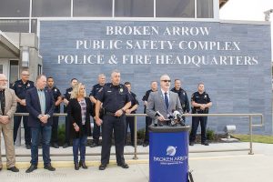 City Manager Spurgeon speaks at an event at the Broken Arrow Public Safety Complex Police & Fire Headquarters. (Photo provided)