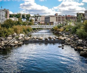 Van der Donck Park at Larkin Plaza features the restored Saw Mill River and boardwalk in downtown Yonkers, N.Y. The river was actually covered up underneath the city with a parking lot atop it and was “daylighted” and transformed into a nice park in 2012. (Photo provided by Yonkers)
