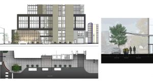 Above is a rendering of the north side of the Chauncey building, and the small picture to the right shows the drop off lane for the hotel and residential units with a large glass awning extending to the street. (Rendering provided by Rohrbach Associates PC Architects)