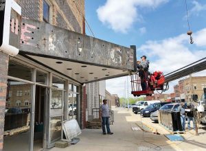 The old marquee is removed from Ida Grove, Iowa’s, King Theatre. The city, seeing the value of a downtown movie theater, took over ownership of the King and has been renovating it. (Photo provided)