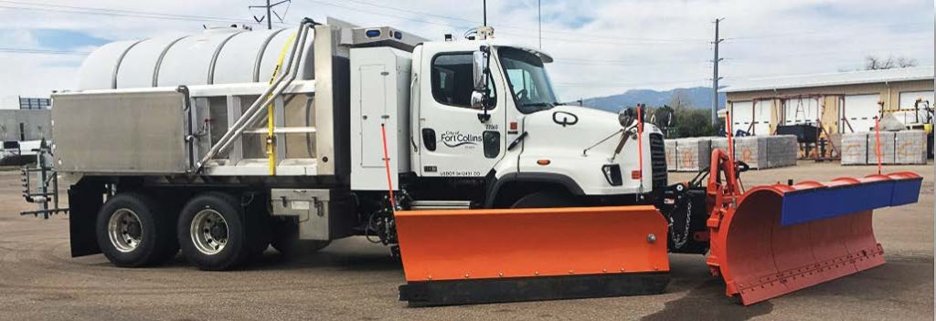 The city’s compressed natural gas fleet is composed of eight tandem plow trucks that work throughout the snowstorms to keep the streets safe for residents. Each truck has a cost of about $370,000. Throughout the city of Fort Collins, Colo., there are 59 compressed natural gas vehicles. This is a typical CNG truck with a wing plow and liquid tank. (Photo provided by the city of Fort Collins, Colo.)