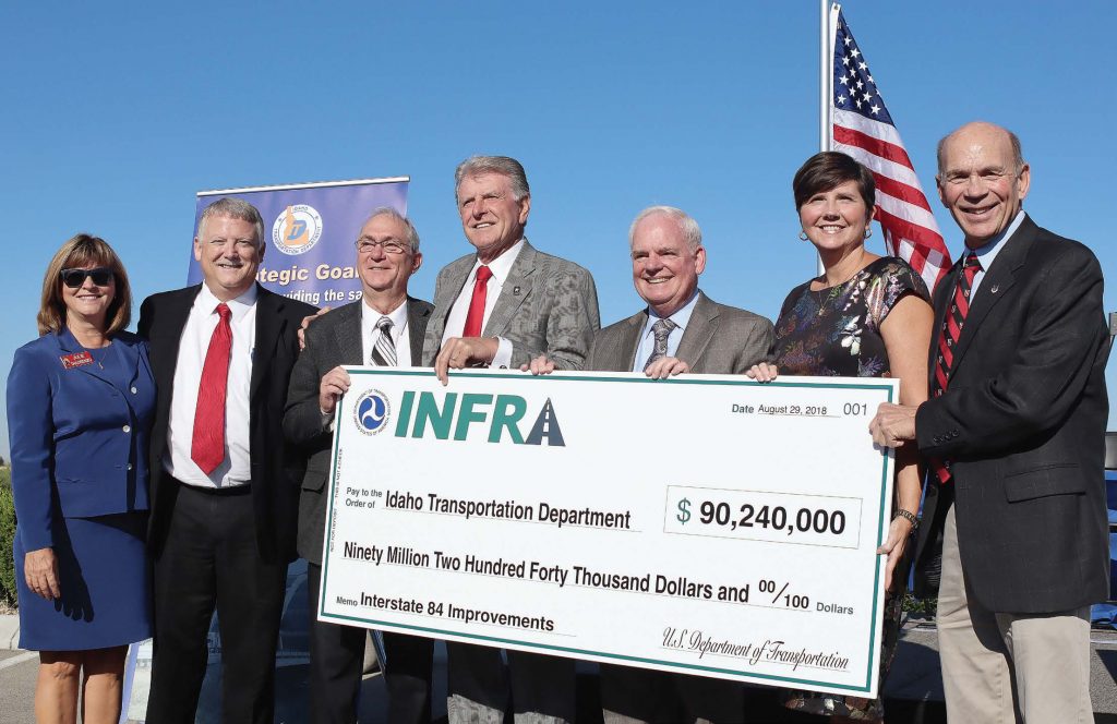 ITD did not expect to receive the full grant amount it had requested but was pleasantly surprised when its thoroughness paid off, earning it the largest grant in its history. Pictured from left are Idaho Transportation board member Julie DeLorenzo; Ada County Commissioner Dave Case; Caldwell Mayor Garret Nancolas; Idaho Gov. C.L. “Butch” Otter; ITD Director Brian Ness; Federal Highway Administration Deputy Administrator Brandye Hendrickson; and Canyon County Commission President Tom Dale. (Photo provided)