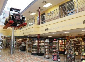 A vintage truck towers above patrons in the spacious main building of Iowa 80 Truckstop in Walcott.