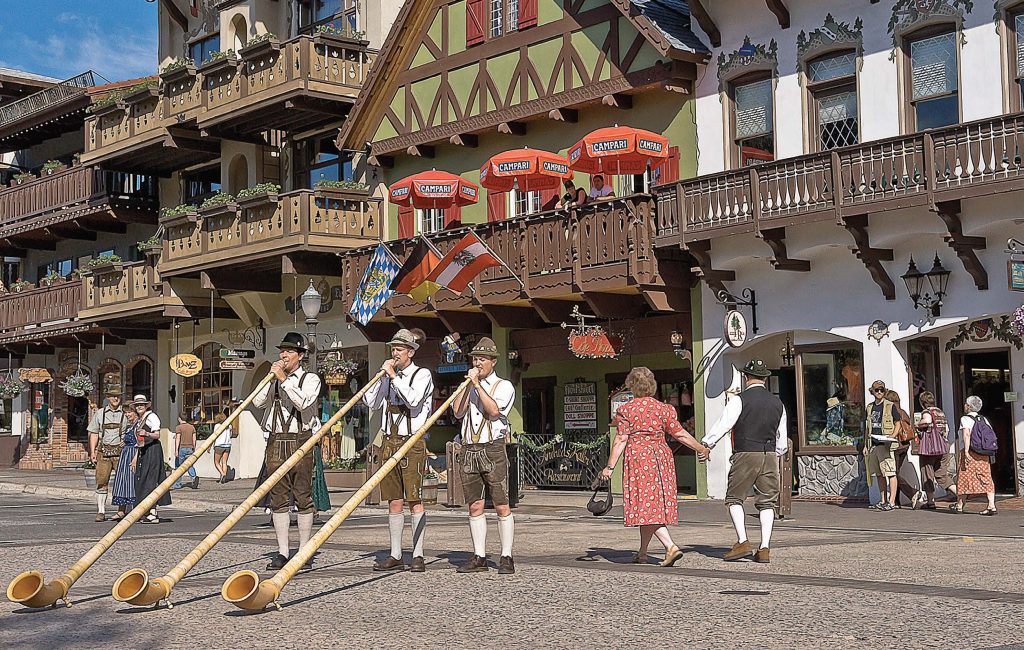The robust blasts of traditional alpenhorns are a familiar sound in downtown Leavenworth during tourist season. (Photo courtesy of Icicle TV)