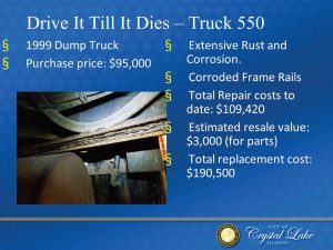 Using the example of a 1999 dump truck, the city of Crystal Lake, Ill., chose to begin leasing its fleet vehicles. Having purchased the dump truck for $95,000, the estimated resale value was only $3,000 due to extensive rust and corrosion. It would cost $190,500 to replace the dump truck after the city had already spent $109,420 repairing the truck. Leasing became the most costefficient option as opposed to spending more money repairing a vehicle. (Photo provided by the city of Crystal Lake, Ill.)