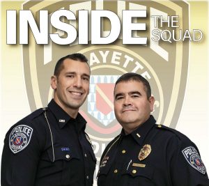 The “Inside The Squad” graphic shows Specialist Ian O’Shields, left, and Lt. Brian Phillips who are the current hosts of the podcast. They focus on connecting with the public and promoting public safety. (Photo provided by the city of Lafayette, Ind.)