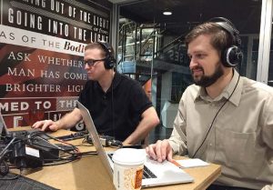 Tom Melville, left, and Alan Schwab are the current producers of the “Inside the Squad” podcast. They are civilian personnel who work as specialists and administrators in IT (Photo provided by the city of Lafayette, Ind.)