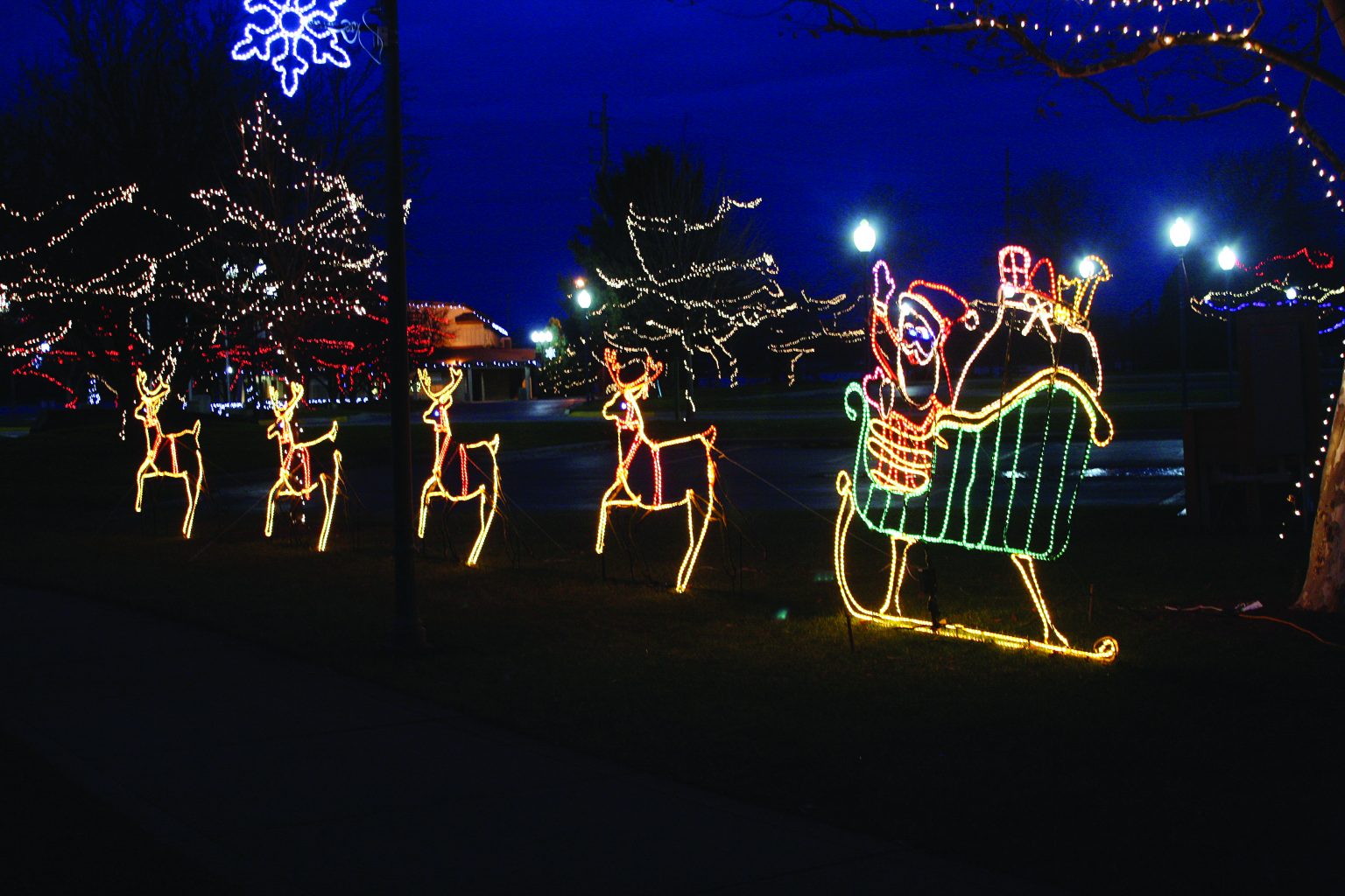 Holiday light display in Central Park, Warsaw, Indiana