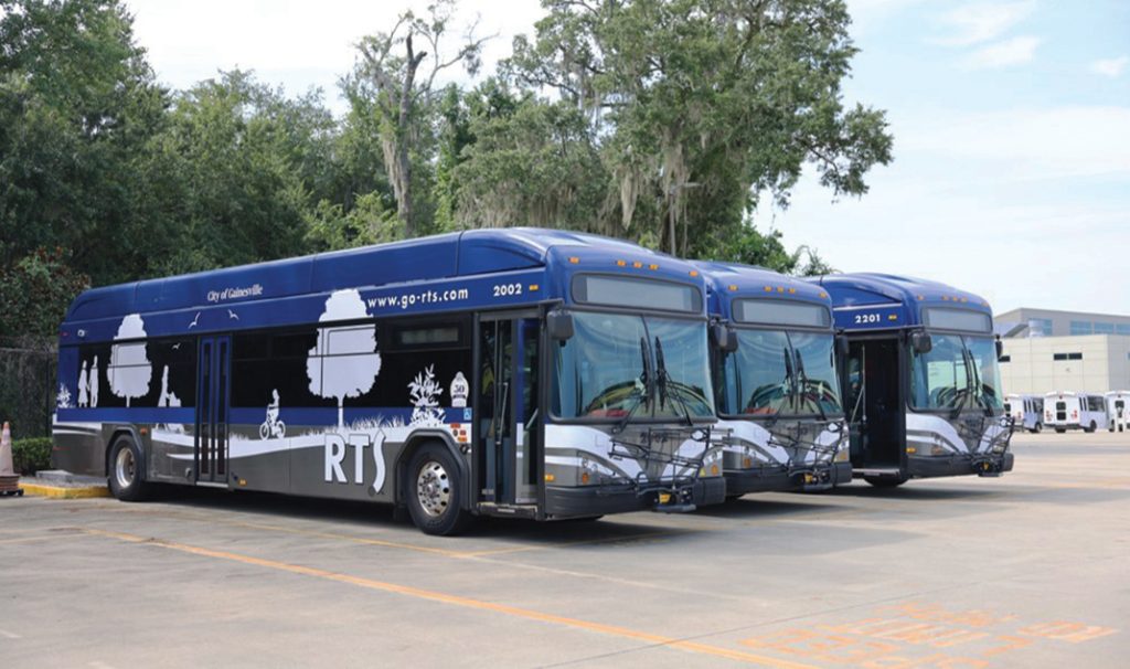 No1: Electric buses in Gainesville stand ready to hit the road. The city has a plan to be nearly 100% electric vehicles by 2045. (Photo provided by Gainesville, Fla.)